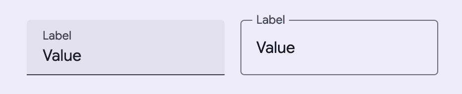 A filled textfield next to an outlined textfield. Both have a value of Value
prefilled