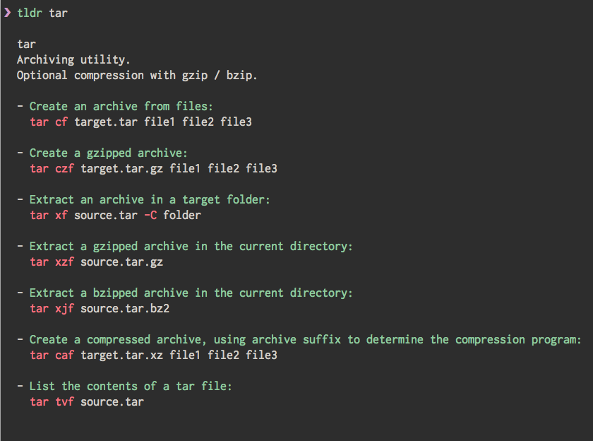 screenshot of the tldr-node-client displaying the tldr page for the tar command