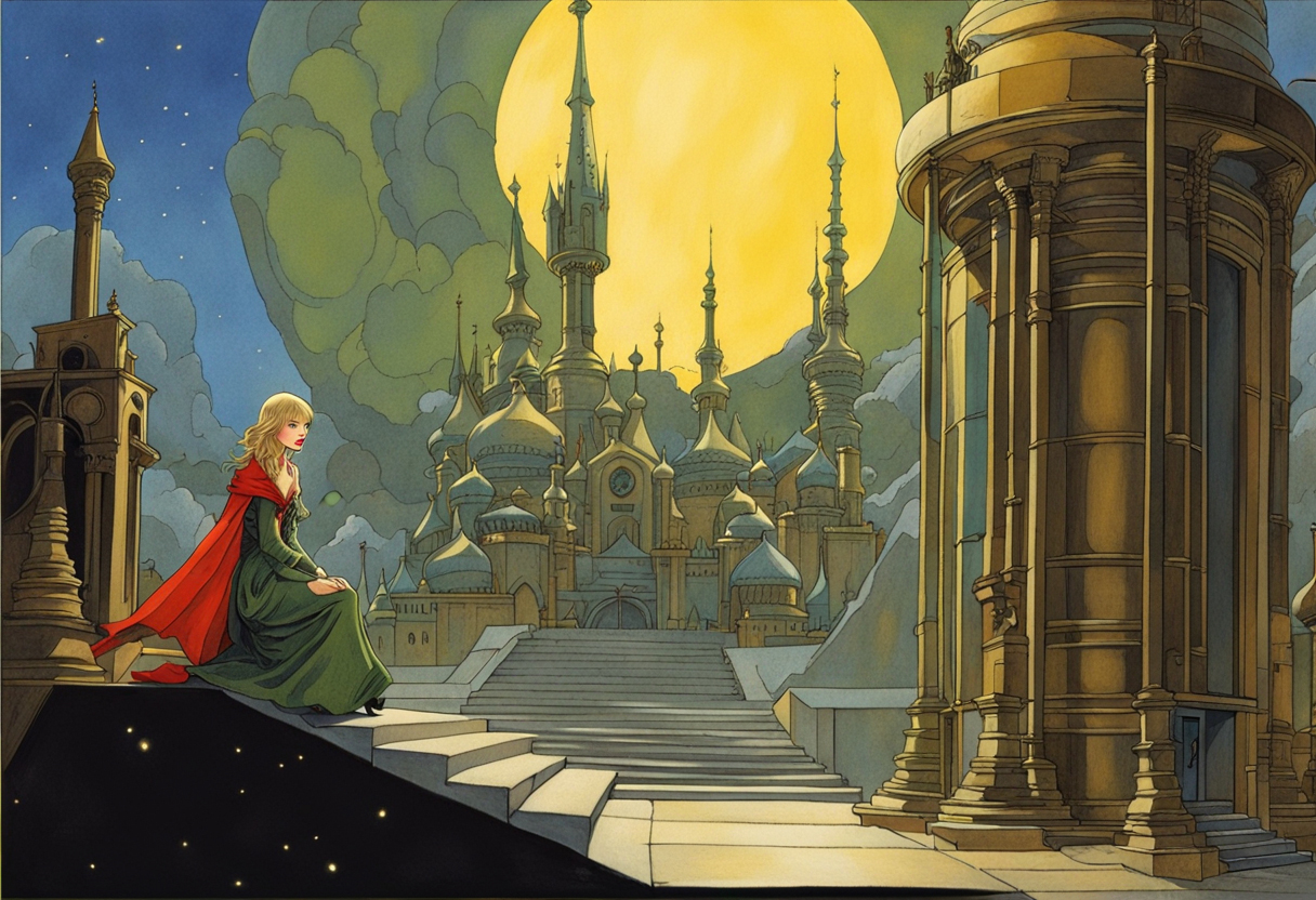 An evocative scene of a mysterious futuristic castle in the style of Flash Gordon